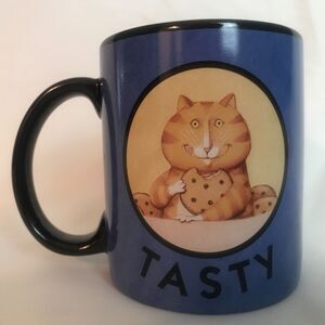 LANG MUGS 2006 "TASTY" Cat Orig Artwork by NED YOUNG Blue Coffee Mug/Tea Cup